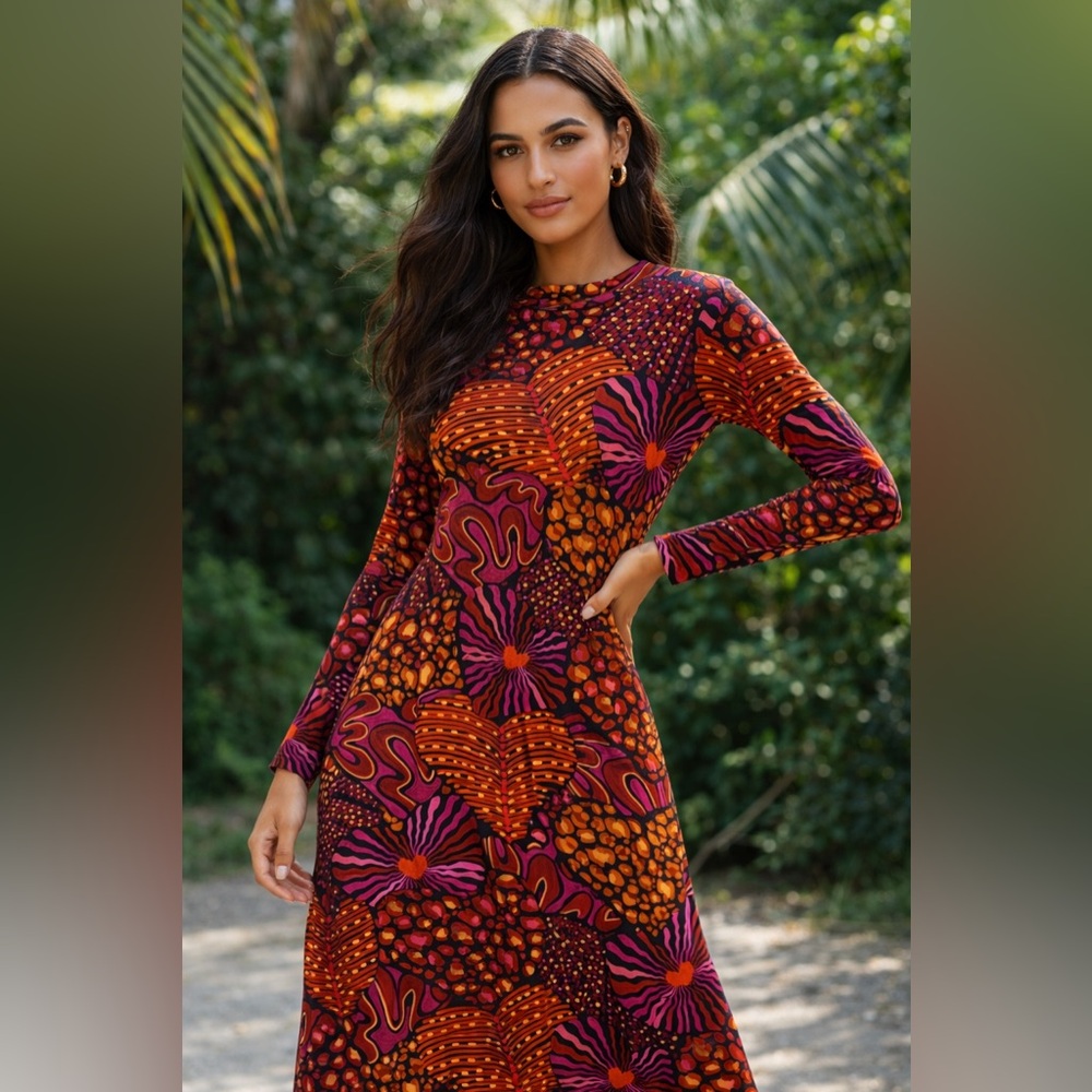 Farm Rio spotted vibrant print maxi dress long sleeves size small Colorful